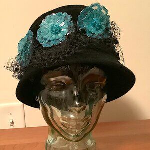 Andre  of Canada Black Felt Cloche Hat with Blue Flower Accents